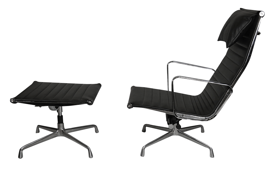 Eames EA 124 Lounge Chair + EA 125 Ottoman Zwart Leer
