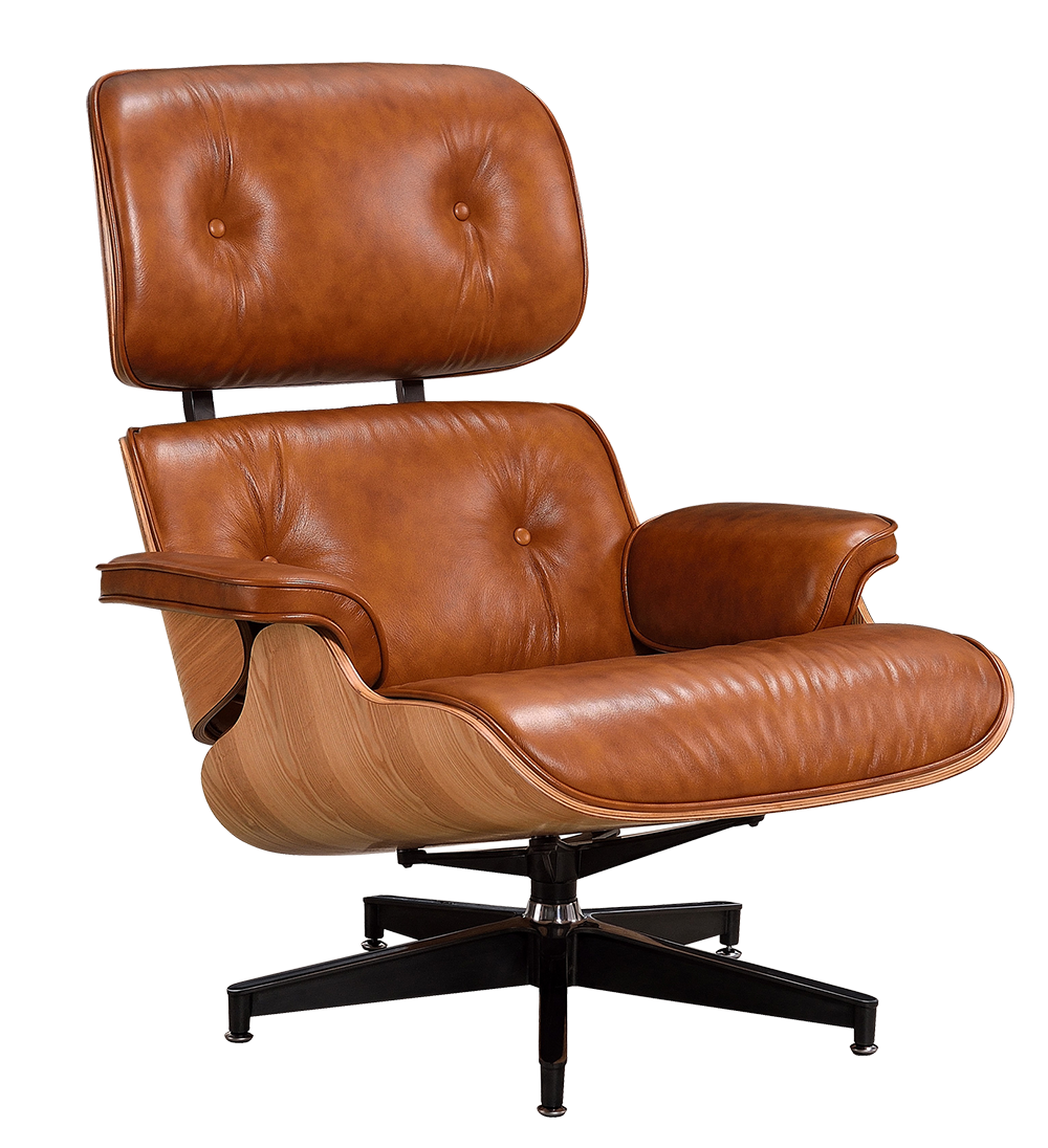 kanaal Daarom Victor Eames Lounge Chair XL Cognac/Bruin Leer, Essen Schalen | Cavel Design