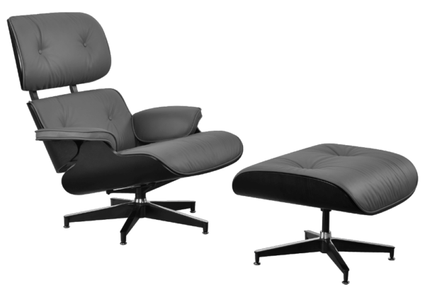 Eames Lounge Chair XL Grijs Leer / Zwarte Schalen